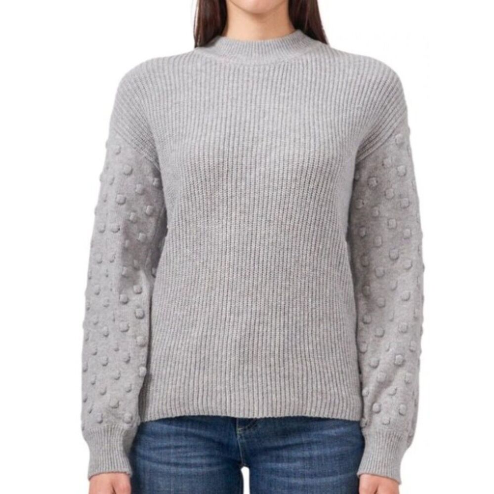 Vince Camuto Bobble Stitch Sleeve Ribbed Knit Sweater - Light Gray - M